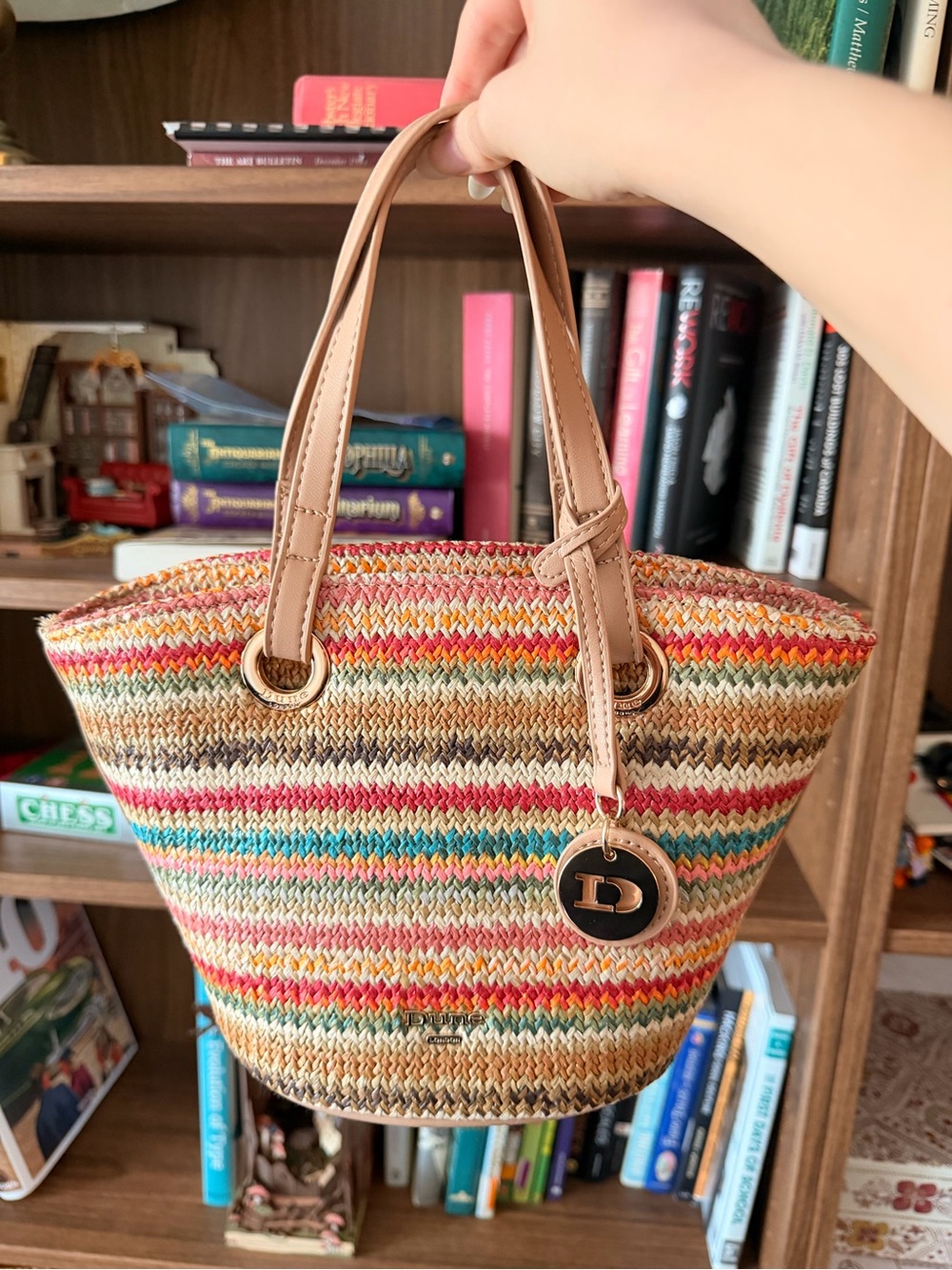 DUNE London Woven Multicolour Straw Tote Bag (with pouch + crossbody strap)